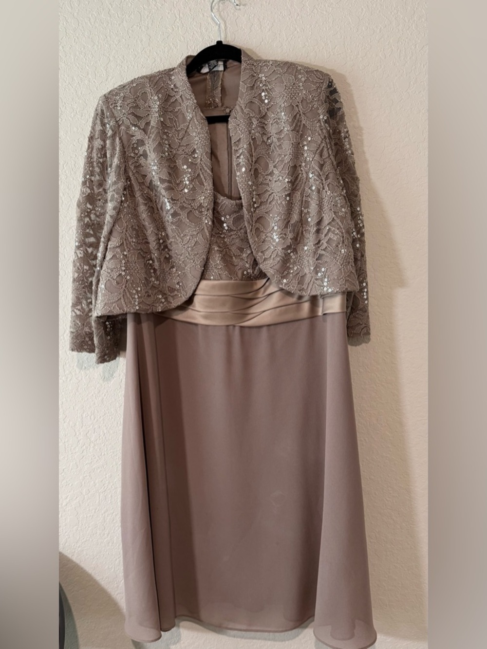 R&M Richards Taupe Lace Evening Jacket and Dress Set 18 W